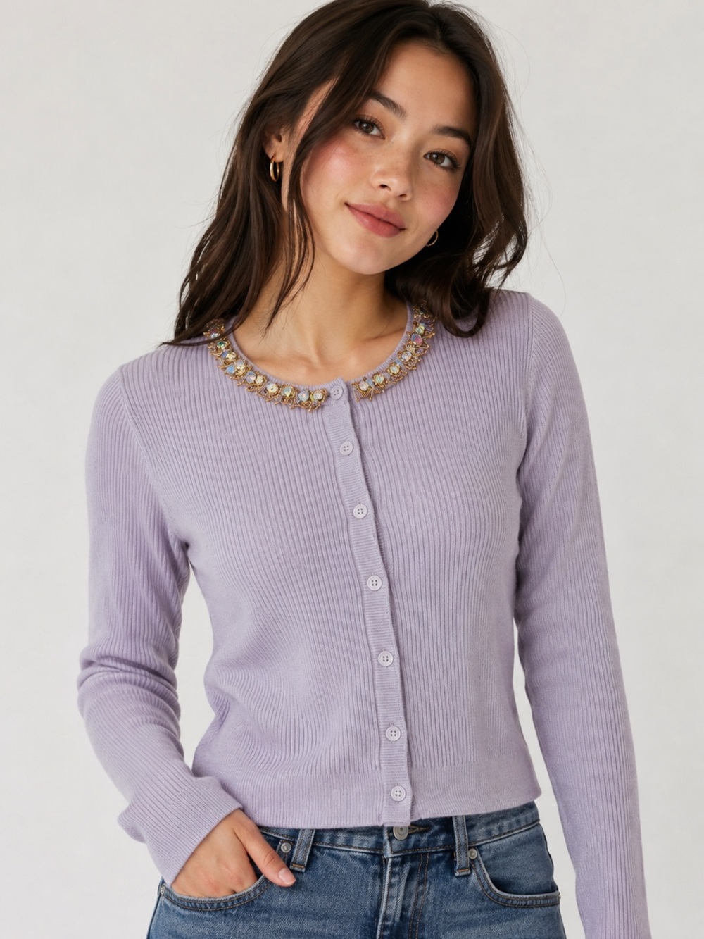 Cupcakes and Cashmere Lavender Coquette Jeweled Cardigan Romantic Fairycore